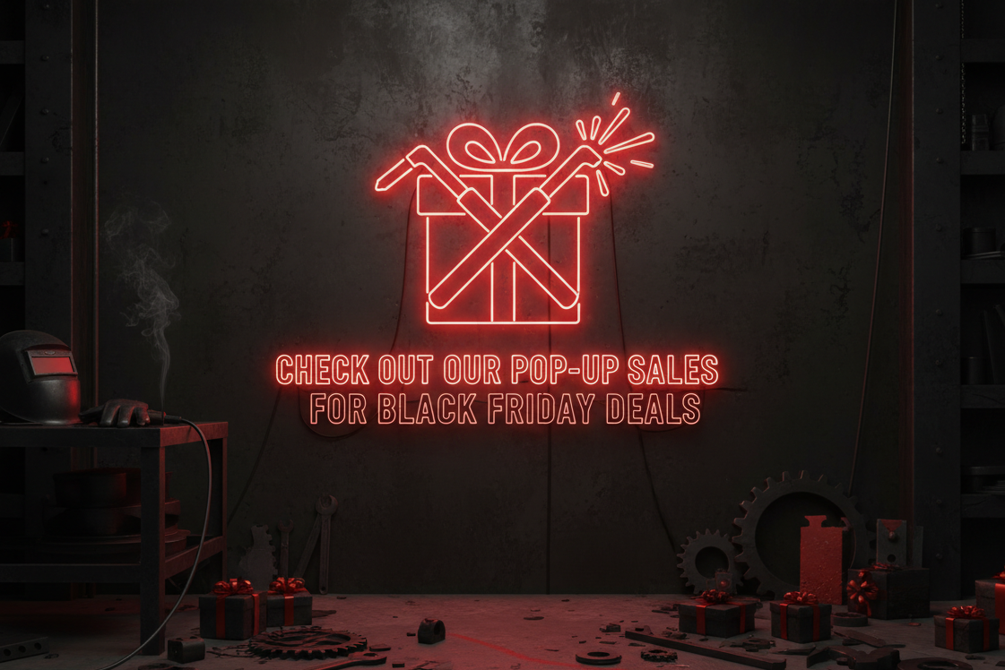welder fabricator holiday gift, bright neon sign above "check out our pop-up sales for black friday deals", black red scheme